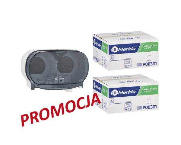 Pojemnik na dwie rolki papieru toaletowego bez gilzy MERIDA ONE biały za 25 zł netto przy zakupie 2 kartonów papiery toaletowego MERIDA OPTIMUM (36 x 85 m = 3060 m, 12 240 listków) Pojemnik na dwie rolki papieru toaletowego bez gilzy MERIDA ONE biały za 25 zł netto przy zakupie 2 kartonów papiery toaletowego MERIDA OPTIMUM (36 x 85 m = 3060 m, 12 240 listków)