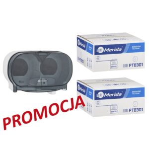 Pojemnik na dwie rolki papieru toaletowego bez gilzy MERIDA ONE biały za 25 zł netto przy zakupie 2 kartonów papiery toaletowego MERIDA TOP (36 x 85 m = 3060 m, 12 240 listków)