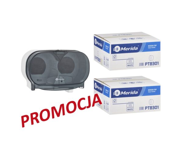 Pojemnik na dwie rolki papieru toaletowego bez gilzy MERIDA ONE biały za 25 zł netto przy zakupie 2 kartonów papiery toaletowego MERIDA TOP (36 x 85 m = 3060 m, 12 240 listków) Pojemnik na dwie rolki papieru toaletowego bez gilzy MERIDA ONE biały za 25 zł netto przy zakupie 2 kartonów papiery toaletowego MERIDA TOP (36 x 85 m = 3060 m, 12 240 listków)