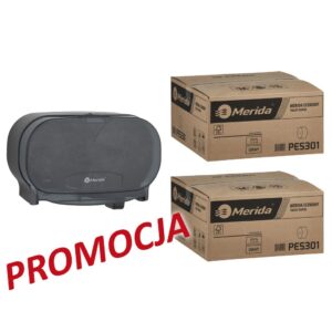 Pojemnik na dwie rolki papieru toaletowego bez gilzy MERIDA ONE czarny za 25 zł netto przy zakupie 2 kartonów papiery toaletowego MERIDA ECONOMY (36 x 125 m = 4500 m, 18 000 listków)