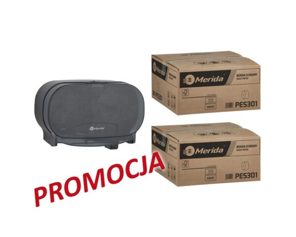Pojemnik na dwie rolki papieru toaletowego bez gilzy MERIDA ONE czarny za 25 zł netto przy zakupie 2 kartonów papiery toaletowego MERIDA ECONOMY (36 x 125 m = 4500 m, 18 000 listków) Pojemnik na dwie rolki papieru toaletowego bez gilzy MERIDA ONE czarny za 25 zł netto przy zakupie 2 kartonów papiery toaletowego MERIDA ECONOMY (36 x 125 m = 4500 m, 18 000 listków)