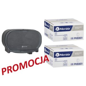 Pojemnik na dwie rolki papieru toaletowego bez gilzy MERIDA ONE czarny za 25 zł netto przy zakupie 2 kartonów papiery toaletowego MERIDA CLASSIC (36 x 125 m = 4500 m, 18 000 listków)
