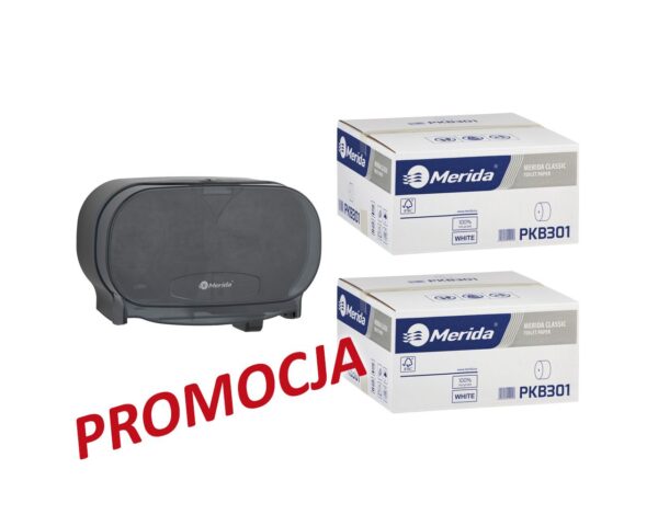 Pojemnik na dwie rolki papieru toaletowego bez gilzy MERIDA ONE czarny za 25 zł netto przy zakupie 2 kartonów papiery toaletowego MERIDA CLASSIC (36 x 125 m = 4500 m, 18 000 listków) Pojemnik na dwie rolki papieru toaletowego bez gilzy MERIDA ONE czarny za 25 zł netto przy zakupie 2 kartonów papiery toaletowego MERIDA CLASSIC (36 x 125 m = 4500 m, 18 000 listków)