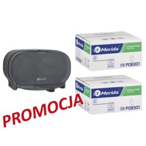 Pojemnik na dwie rolki papieru toaletowego bez gilzy MERIDA ONE czarny za 25 zł netto przy zakupie 2 kartonów papiery toaletowego MERIDA OPTIMUM (36 x 85 m = 3060 m, 12 240 listków)