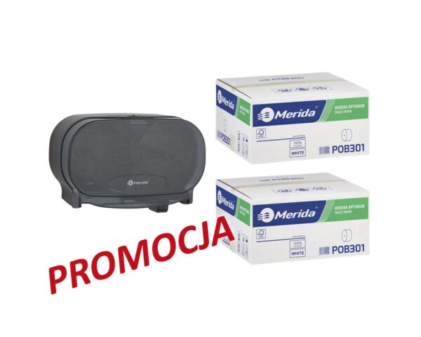 Pojemnik na dwie rolki papieru toaletowego bez gilzy MERIDA ONE czarny za 25 zł netto przy zakupie 2 kartonów papiery toaletowego MERIDA OPTIMUM (36 x 85 m = 3060 m, 12 240 listków) Pojemnik na dwie rolki papieru toaletowego bez gilzy MERIDA ONE czarny za 25 zł netto przy zakupie 2 kartonów papiery toaletowego MERIDA OPTIMUM (36 x 85 m = 3060 m, 12 240 listków)