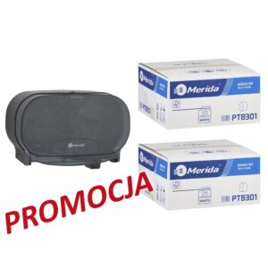 Pojemnik na dwie rolki papieru toaletowego bez gilzy MERIDA ONE czarny za 25 zł netto przy zakupie 2 kartonów papiery toaletowego MERIDA TOP (36 x 85 m = 3060 m, 12 240 listków)