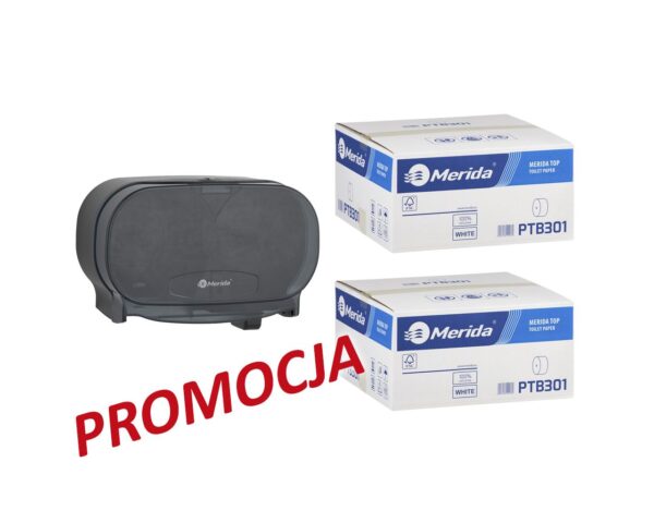 Pojemnik na dwie rolki papieru toaletowego bez gilzy MERIDA ONE czarny za 25 zł netto przy zakupie 2 kartonów papiery toaletowego MERIDA TOP (36 x 85 m = 3060 m, 12 240 listków) Pojemnik na dwie rolki papieru toaletowego bez gilzy MERIDA ONE czarny za 25 zł netto przy zakupie 2 kartonów papiery toaletowego MERIDA TOP (36 x 85 m = 3060 m, 12 240 listków)