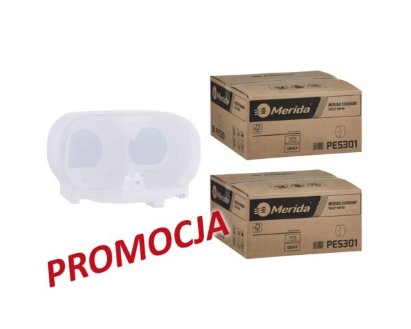 Pojemnik na dwie rolki papieru toaletowego bez gilzy MERIDA HARMONY za 25 zł netto przy zakupie 2 kartonów papiery toaletowego MERIDA ECONOMY (36 x 125 m = 4500 m, 18 000 listków)