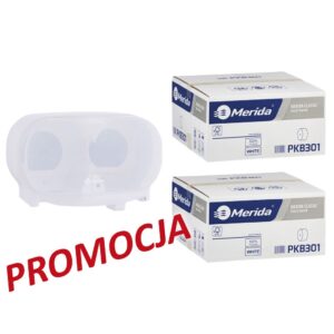 Pojemnik na dwie rolki papieru toaletowego bez gilzy MERIDA HARMONY za 25 zł netto przy zakupie 2 kartonów papiery toaletowego MERIDA CLASSIC (36 x 125 m = 4500 m, 18 000 listków)