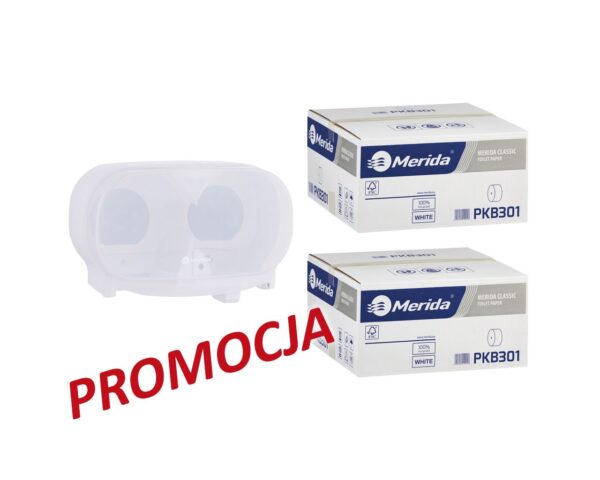 Pojemnik na dwie rolki papieru toaletowego bez gilzy MERIDA HARMONY za 25 zł netto przy zakupie 2 kartonów papiery toaletowego MERIDA CLASSIC (36 x 125 m = 4500 m, 18 000 listków) Pojemnik na dwie rolki papieru toaletowego bez gilzy MERIDA HARMONY za 25 zł netto przy zakupie 2 kartonów papiery toaletowego MERIDA CLASSIC (36 x 125 m = 4500 m, 18 000 listków)