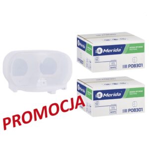 Pojemnik na dwie rolki papieru toaletowego bez gilzy MERIDA HARMONY za 25 zł netto przy zakupie 2 kartonów papiery toaletowego MERIDA OPTIMUM (36 x 85 m = 3060 m, 12 240 listków)