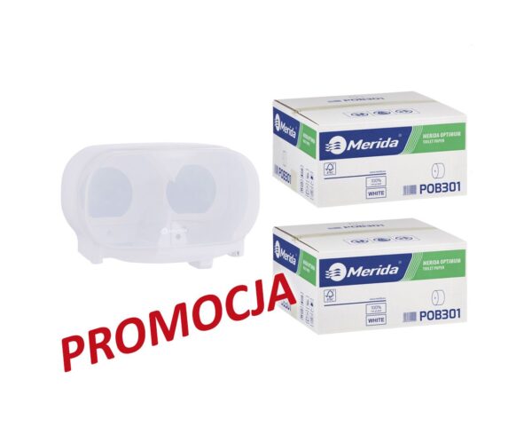Pojemnik na dwie rolki papieru toaletowego bez gilzy MERIDA HARMONY za 25 zł netto przy zakupie 2 kartonów papiery toaletowego MERIDA OPTIMUM (36 x 85 m = 3060 m, 12 240 listków) Pojemnik na dwie rolki papieru toaletowego bez gilzy MERIDA HARMONY za 25 zł netto przy zakupie 2 kartonów papiery toaletowego MERIDA OPTIMUM (36 x 85 m = 3060 m, 12 240 listków)