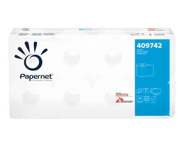 Papier toaletowy MERIDA TOP, BIAŁY, średnica 11 cm, długość 19,8 m, dwuwarstwowy, worek 64 szt.(8x8)