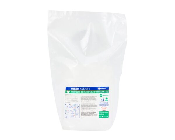 Chusteczki nasączone do dezynfekcji rąk i powierzchni MERIDA VADO SOFT, 105 listków, wkład do dozownika DW002 Chusteczki nasączone do dezynfekcji rąk i powierzchni MERIDA VADO SOFT, 105 listków, wkład do dozownika DW002