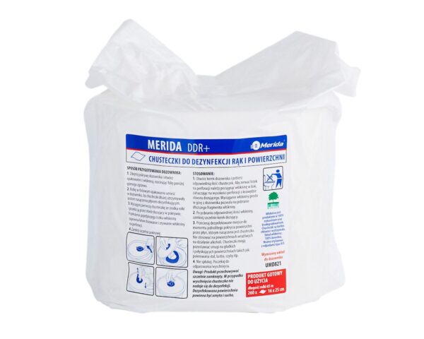Chusteczki nasączone do chirurgicznej i higienicznej dezynfekcji rąk i powierzchni MERIDA DDR+ wkład uzupełniający, 65 m, 260 listków Chusteczki nasączone do chirurgicznej i higienicznej dezynfekcji rąk i powierzchni MERIDA DDR+ wkład uzupełniający, 65 m, 260 listków