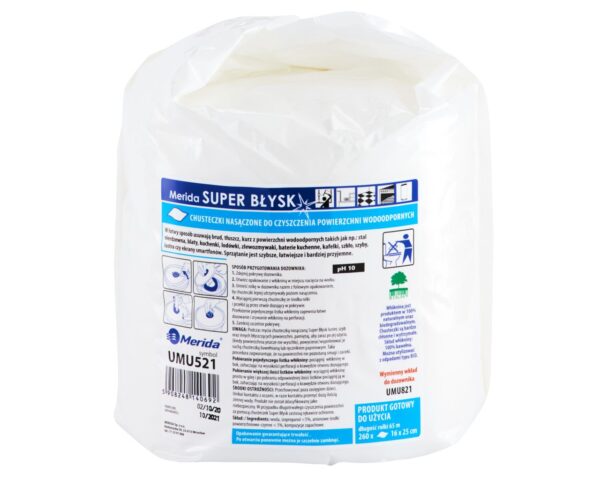 Chusteczki nasączone do czyszczenia powierzchni wodoodpornych MERIDA SUPER BŁYSK, rolka 65 m, 260 listków - wkład uzupełniający Chusteczki nasączone do czyszczenia powierzchni wodoodpornych MERIDA SUPER BŁYSK, rolka 65 m, 260 listków - wkład uzupełniający