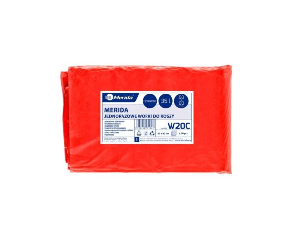 Jednorazowe worki na śmieci MERIDA, 50 x 60 cm, pojemność 35 l, paczka 50 szt., CZERWONE Jednorazowe worki na śmieci MERIDA, 50 x 60 cm, pojemność 35 l, paczka 50 szt., CZERWONE