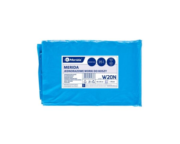 Jednorazowe worki na śmieci MERIDA, 50 x 60 cm, pojemność 35 l, paczka 50 szt., NIEBIESKIE Jednorazowe worki na śmieci MERIDA, 50 x 60 cm, pojemność 35 l, paczka 50 szt., NIEBIESKIE