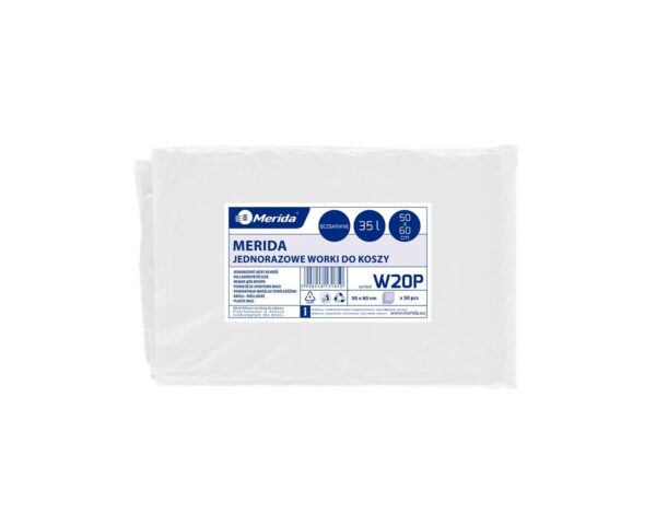 Jednorazowe worki na śmieci MERIDA, 50 x 60 cm, pojemność 35 l, paczka 50 szt., BEZBARWNE Jednorazowe worki na śmieci MERIDA, 50 x 60 cm, pojemność 35 l, paczka 50 szt., BEZBARWNE