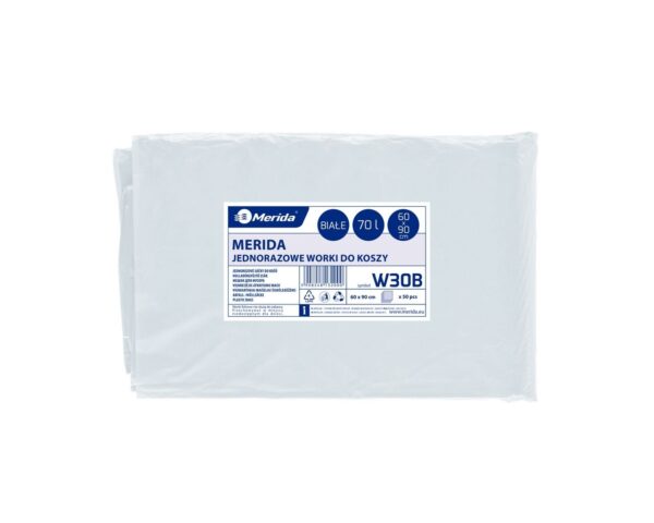 Jednorazowe worki na śmieci MERIDA, 60 x 90 cm, pojemność 70 l, paczka 50 szt., BIAŁE Jednorazowe worki na śmieci MERIDA, 60 x 90 cm, pojemność 70 l, paczka 50 szt., BIAŁE