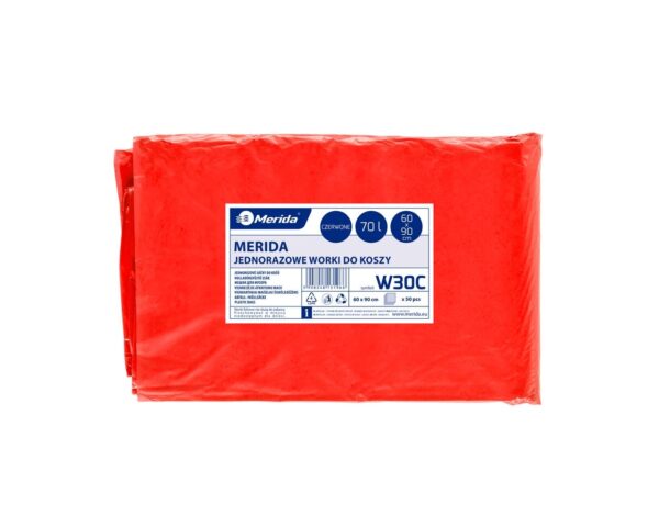 Jednorazowe worki na śmieci MERIDA, 60 x 90 cm, pojemność 70 l, paczka 50 szt., CZERWONE Jednorazowe worki na śmieci MERIDA, 60 x 90 cm, pojemność 70 l, paczka 50 szt., CZERWONE