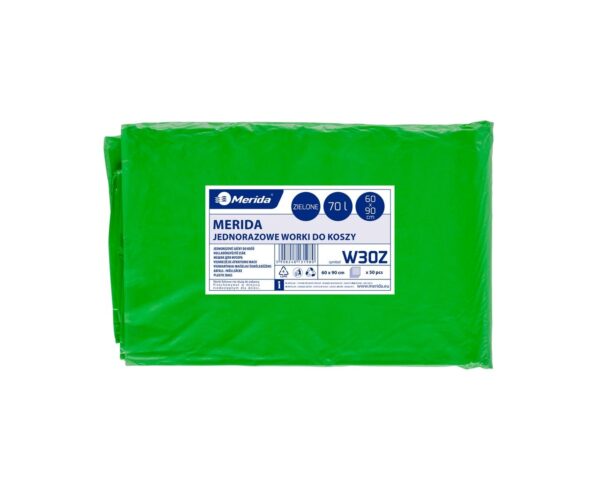 Jednorazowe worki na śmieci MERIDA, 60 x 90 cm, pojemność 70 l, paczka 50 szt., ZIELONE Jednorazowe worki na śmieci MERIDA, 60 x 90 cm, pojemność 70 l, paczka 50 szt., ZIELONE