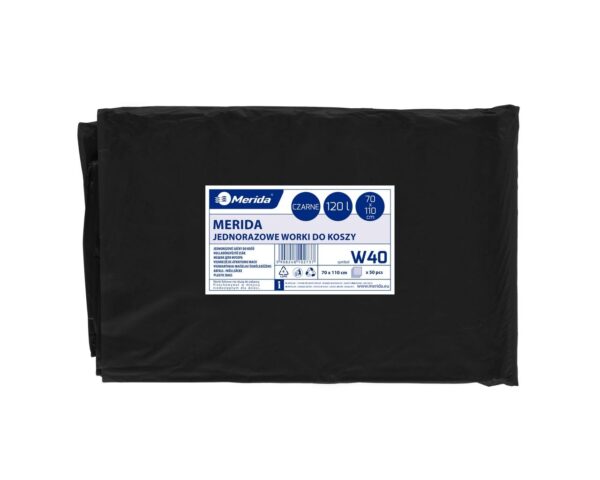 Jednorazowe worki na śmieci MERIDA, 70 x 110 cm, pojemność 120 l, paczka 50 szt., CZARNE Jednorazowe worki na śmieci MERIDA, 70 x 110 cm, pojemność 120 l, paczka 50 szt., CZARNE