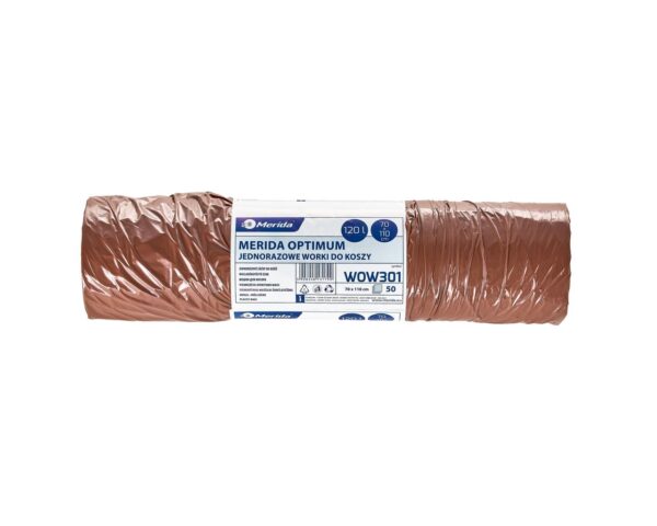 Jednorazowe worki na śmieci MERIDA OPTIMUM, 70 x 110 cm, pojemność 120 l, rolka 50 szt., BRĄZOWE Jednorazowe worki na śmieci MERIDA OPTIMUM, 70 x 110 cm, pojemność 120 l, rolka 50 szt., BRĄZOWE